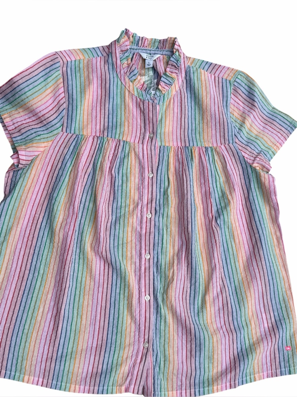 Crown & Ivy Pastel Rainbow Striped Button-Front Top size Large NEW